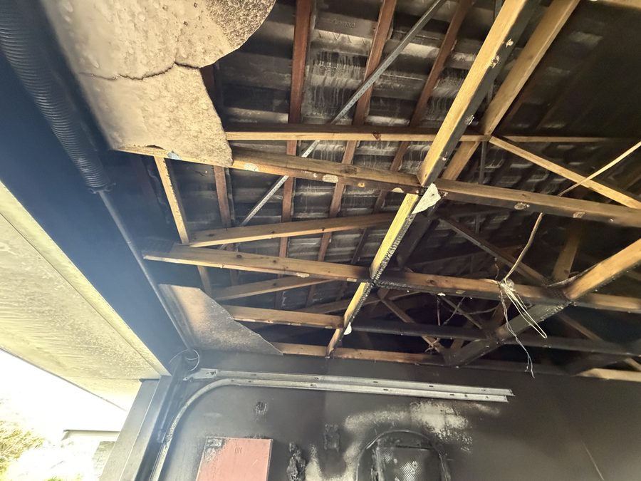Fire damage to roof structure and trusses
